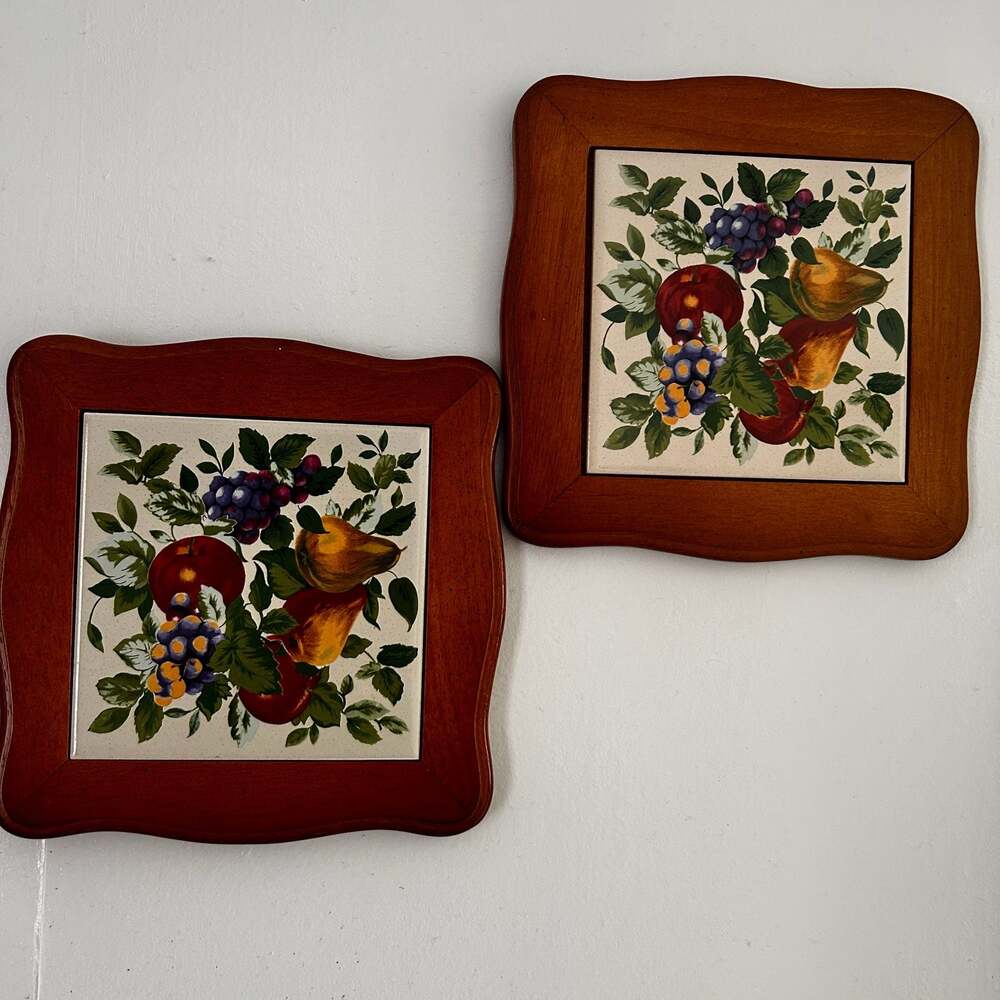 Set of 2 Pomerantz Vintage Fruit Still Life Ceramic Tile Wall Art in Wood Frames
